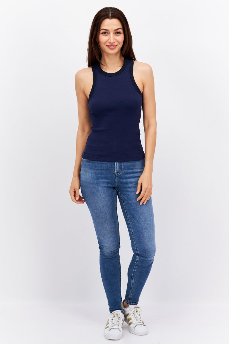 Women Round Neck Sleeveless Textured Tank Top, Navy