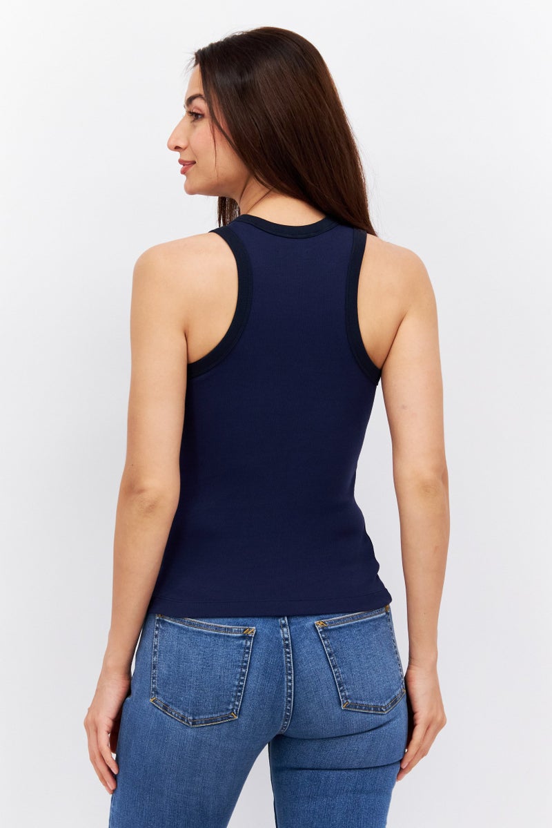 Women Round Neck Sleeveless Textured Tank Top, Navy
