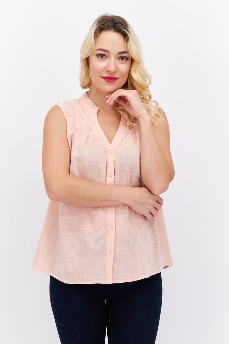 Women Split Neck Sleeveless Textured Top, Pink