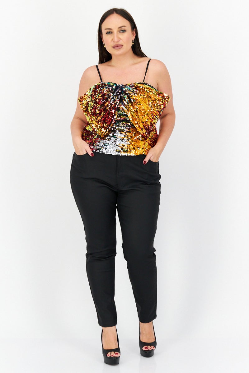 Women Square Neck Sleeveless Embellished Detail Crop Top, Orange Combo