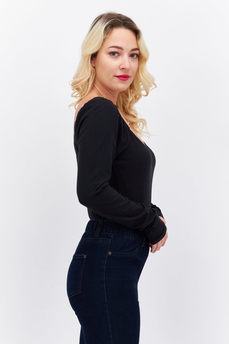 Women Long Sleeves Solid Bodysuit, Black