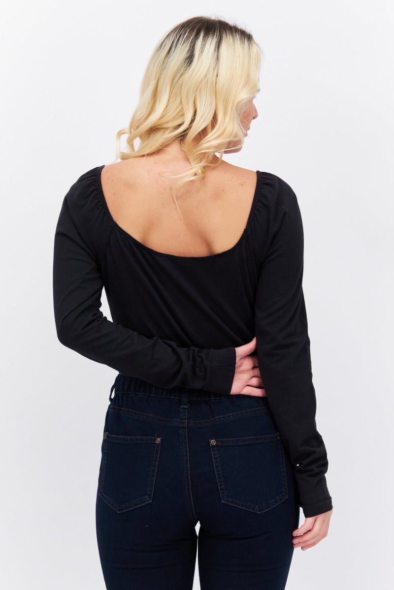 Women Long Sleeves Solid Bodysuit, Black