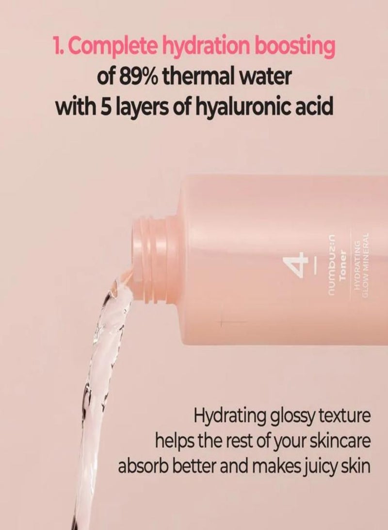 Numbuzin No.4 Hydrating Glow Mineral Toner - Enriched with Thermal Water and Hyaluronic Acid for Ultimate Hydration and Radiance, Enhances Makeup Longevity, 200ml