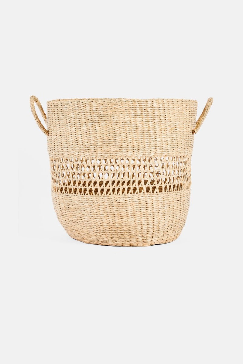 Seaweed Braided Stripe Basket, Biege