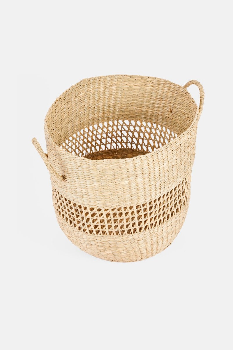 Seaweed Braided Stripe Basket, Biege