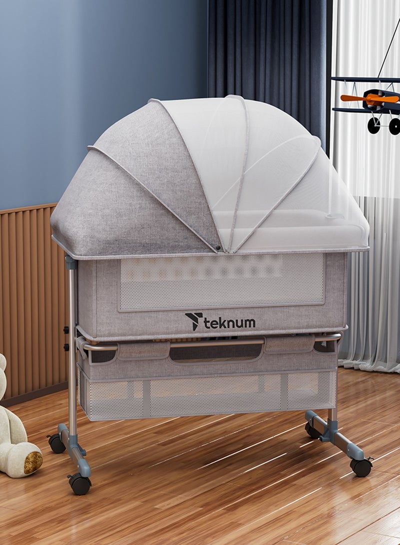 Baby Bedside Crib With Mosquito Net - Grey, 95x60x80 Cm