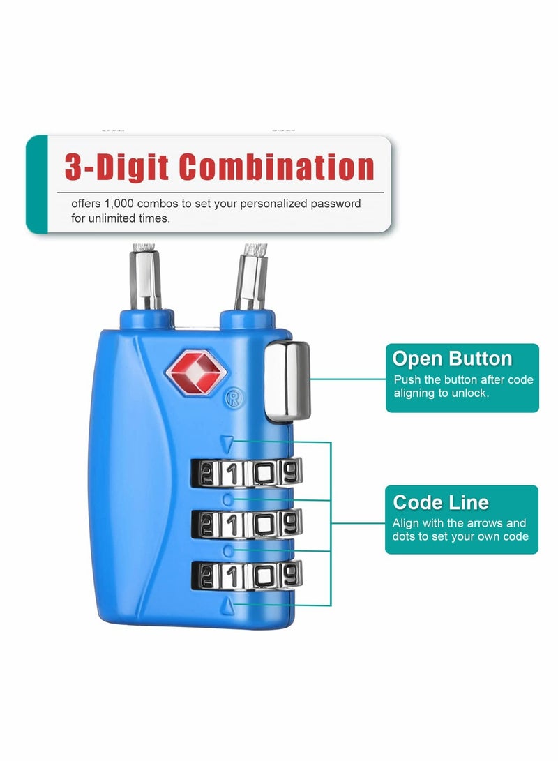 TSA Approved Luggage Padlocks with 3 Digit Combination Blue Mini Travel Locks for Suitcase and Gym Locker 2 Pack