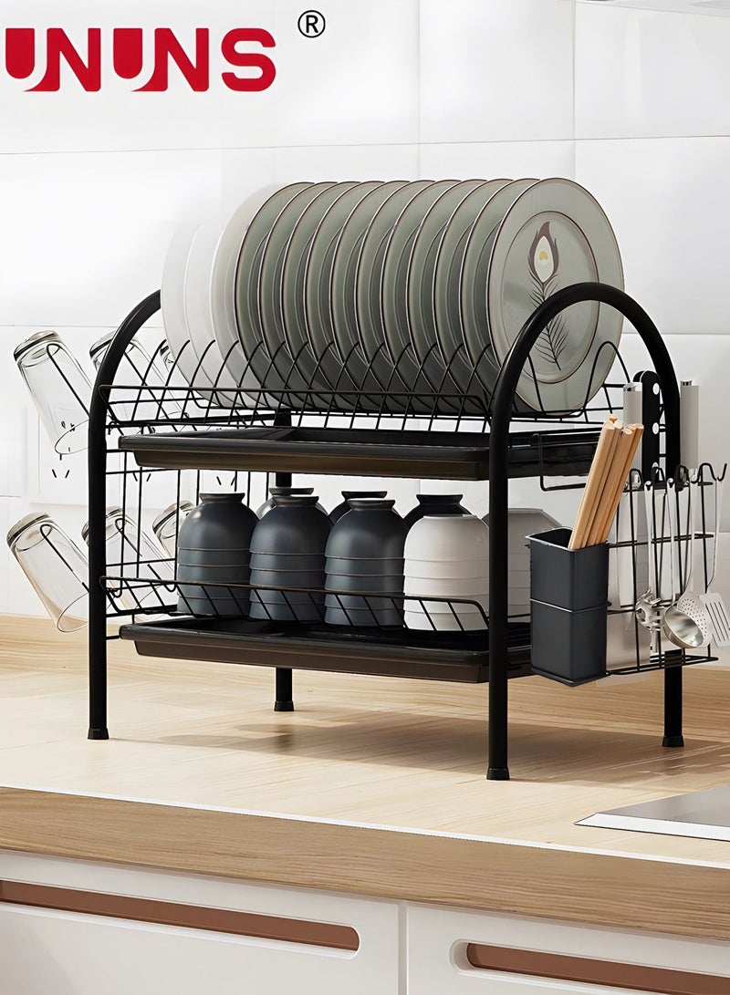 Large Dish Drying Rack, 2 Tier Dish Rack with Tray Utensil Holder & Cup Holders, Large Capacity Rustproof Dish Drainer, Drain Board Tray for Kitchen Counter Organizer Storage for Kitchen Counter