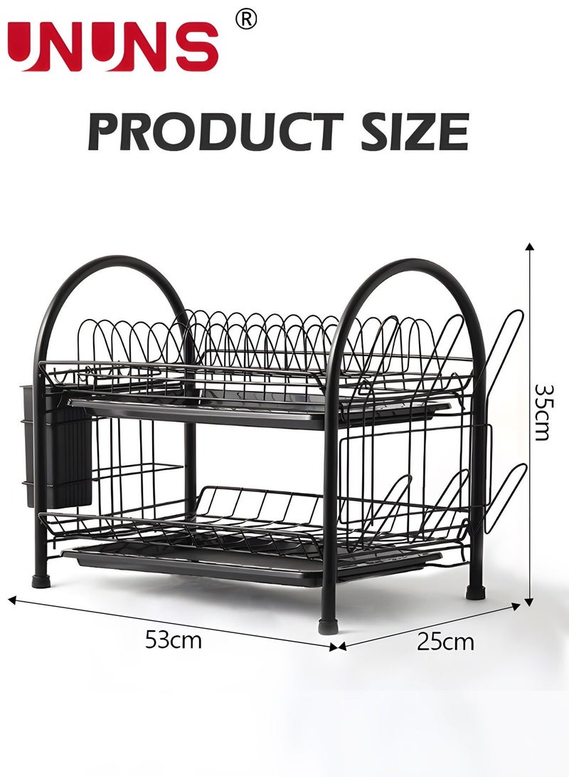 Large Dish Drying Rack, 2 Tier Dish Rack with Tray Utensil Holder & Cup Holders, Large Capacity Rustproof Dish Drainer, Drain Board Tray for Kitchen Counter Organizer Storage for Kitchen Counter