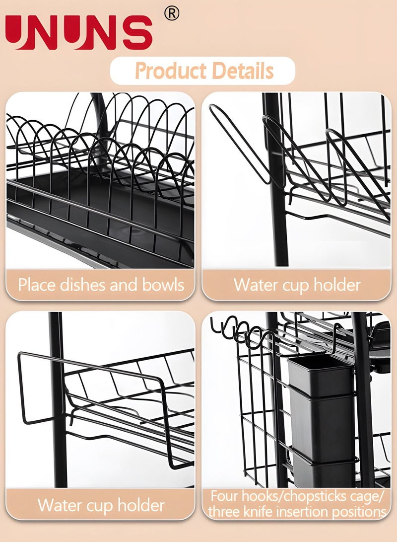 Large Dish Drying Rack, 2 Tier Dish Rack with Tray Utensil Holder & Cup Holders, Large Capacity Rustproof Dish Drainer, Drain Board Tray for Kitchen Counter Organizer Storage for Kitchen Counter