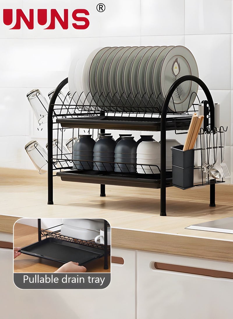 Large Dish Drying Rack, 2 Tier Dish Rack with Tray Utensil Holder & Cup Holders, Large Capacity Rustproof Dish Drainer, Drain Board Tray for Kitchen Counter Organizer Storage for Kitchen Counter