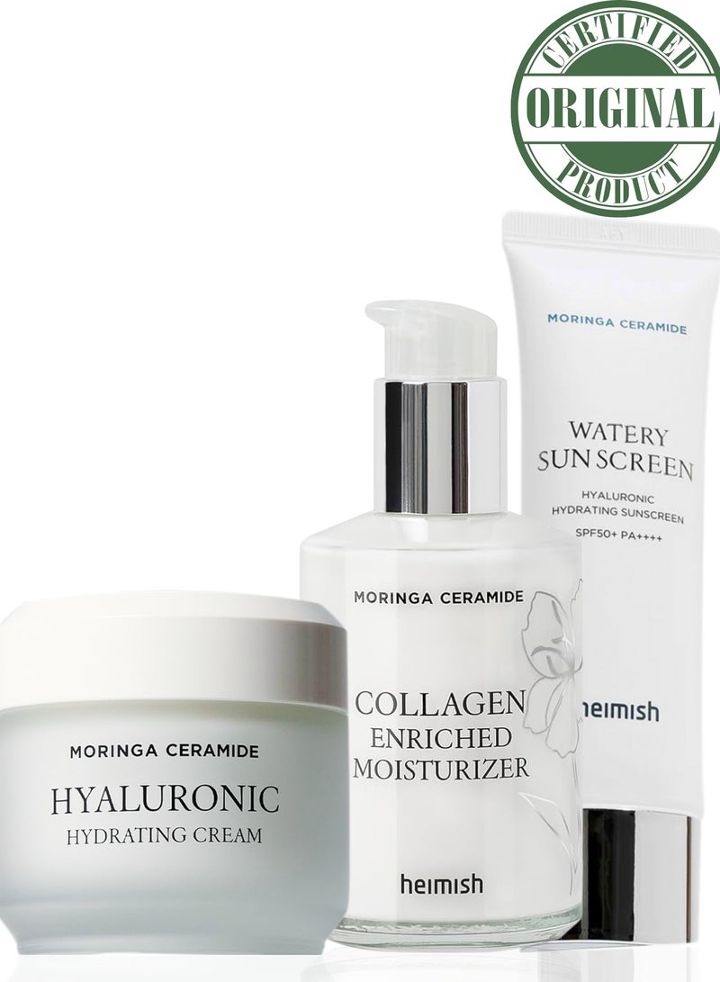 Heimish Moringa Ceramide & Hyaluronic Ultimate Hydration Set: Enriched Moisturizer, Hydrating Cream, and Watery Sunscreen SPF50+