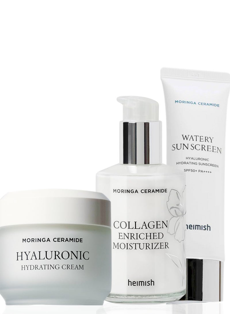 Heimish Moringa Ceramide & Hyaluronic Ultimate Hydration Set: Enriched Moisturizer, Hydrating Cream, and Watery Sunscreen SPF50+