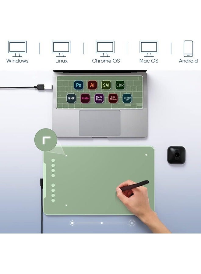 Deco V2 Digital Graphics Drawing Pen Tablet with Battery-Free Passive Stylus and 8 Shortcut Keys 10x6.25in | Green