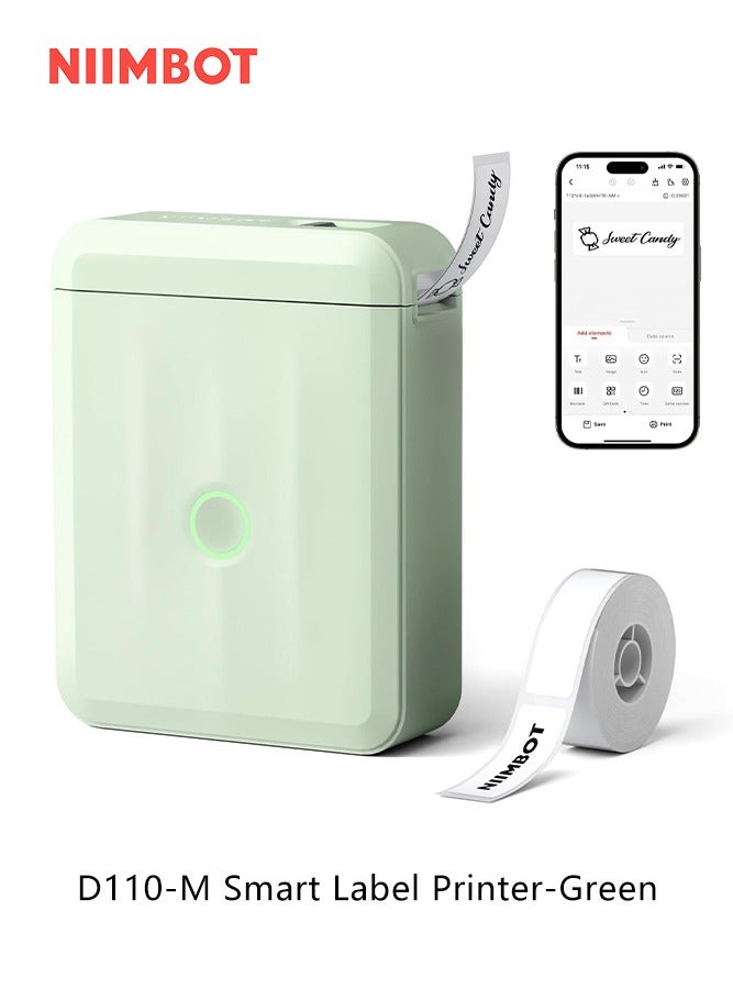 Upgraded D110-M Mini Label Printer with 15mm Printing Width, Portable Bluetooth Thermal Printer, Sticker Maker with 1 Roll 12*40mm White Tape for Office Organization Home Kitchen School (Green)