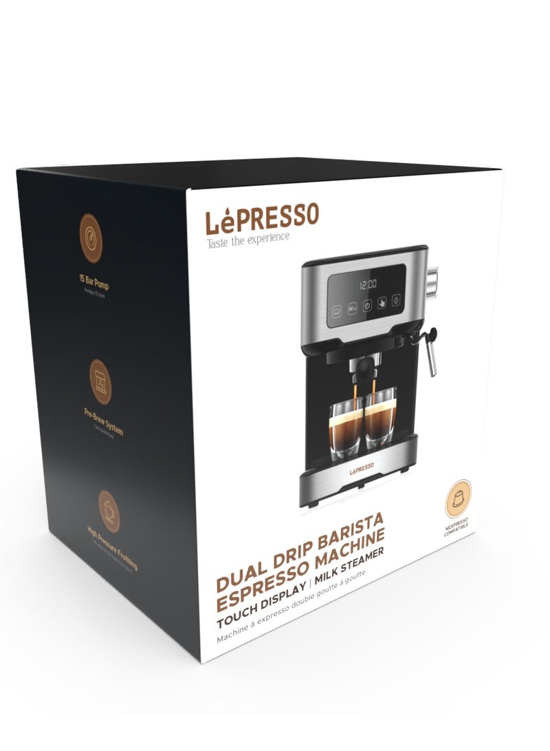 Digital Dual Drip Barista Espresso Coffee Machine with 15 bar Pressure Pump and Capsule Filter with Touch Display & Milk Steamer Coffee Maker-Black