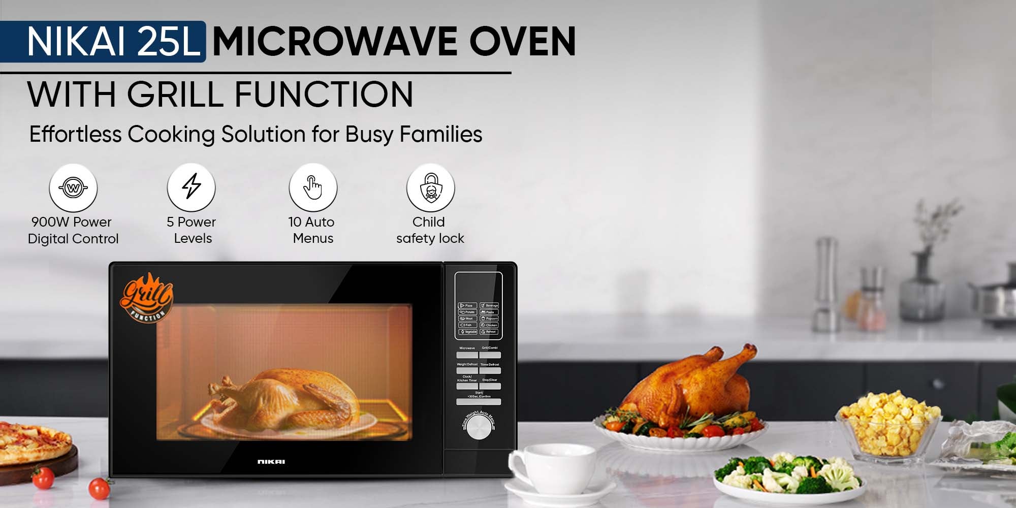 Microwave Oven With Grill Function, Digital Control, Mirror Finish, 5 Power Levels, 10 Auto Menus, Defrost Setting, Cooking End Signal, Push Button Door, Child Lock 25 L 900 W NMO250MDG Silver