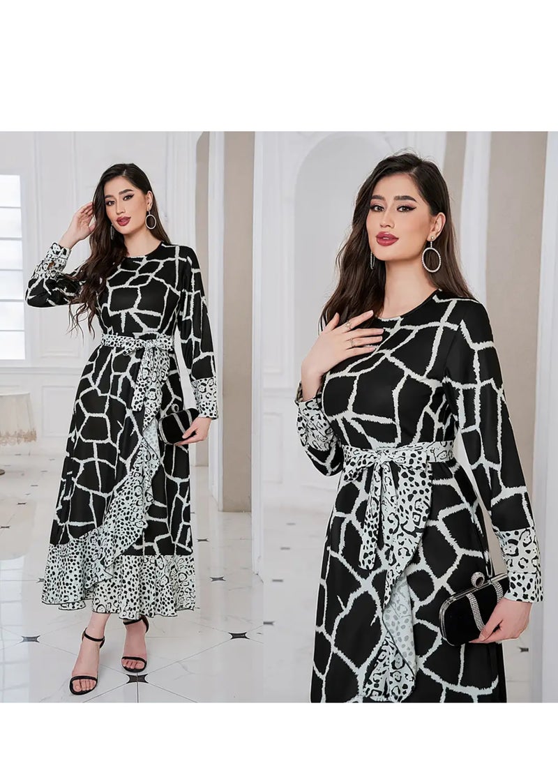 Beautiful elegant Middle Eastern inspired abaya dress with bold white stripes and elegant leopard print cuffs and hem