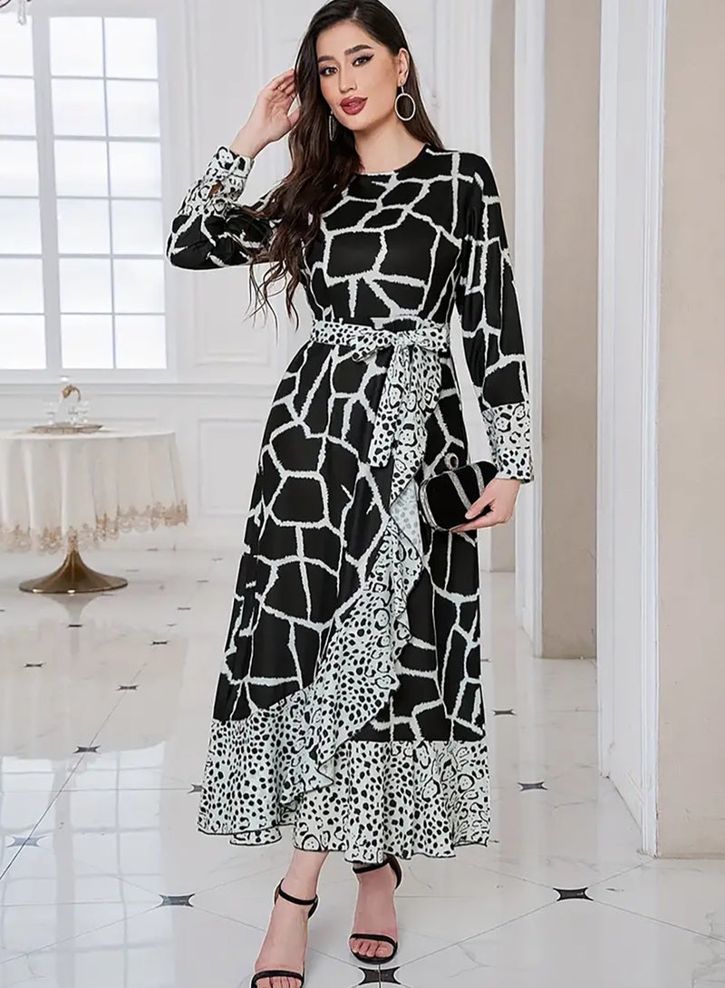 Beautiful elegant Middle Eastern inspired abaya dress with bold white stripes and elegant leopard print cuffs and hem