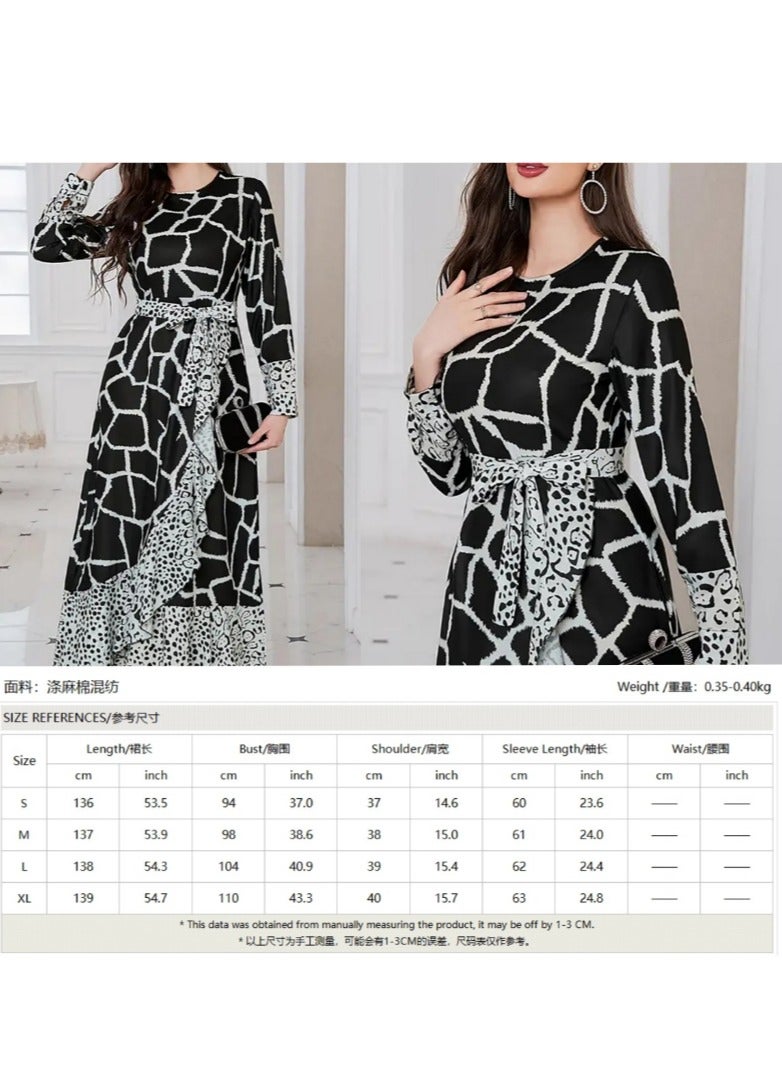 Beautiful elegant Middle Eastern inspired abaya dress with bold white stripes and elegant leopard print cuffs and hem