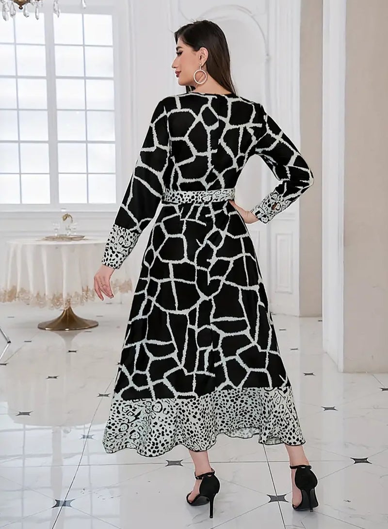 Beautiful elegant Middle Eastern inspired abaya dress with bold white stripes and elegant leopard print cuffs and hem