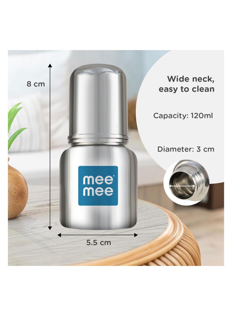 Mee Mee Baby Steel Feeding Bottle 120ml | Baby Milk Bottle with Advanced Anti Colic Valve, BPA Free, Soft Silicone Teat, Wide Neck for Babies/Infants/Newborns of 0-2 Years