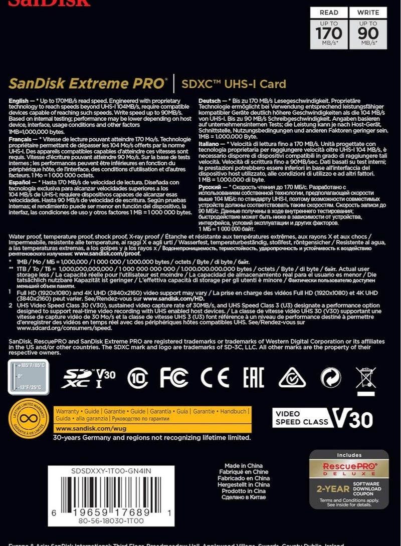 Extreme Pro Sdxc Uhs-I Card - C10, U3, V30, 4K Uhd, Sd Card - Sdsdxxy-1T00-Gn4In 1 TB