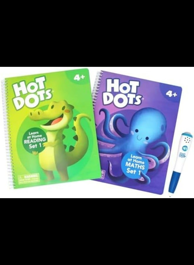 Hot Dots Learn at Home Reading & Maths Set 1, Interactive Preschool Literacy & Maths Learning, 2 Activity Books, 100 Pages, Ages 4+