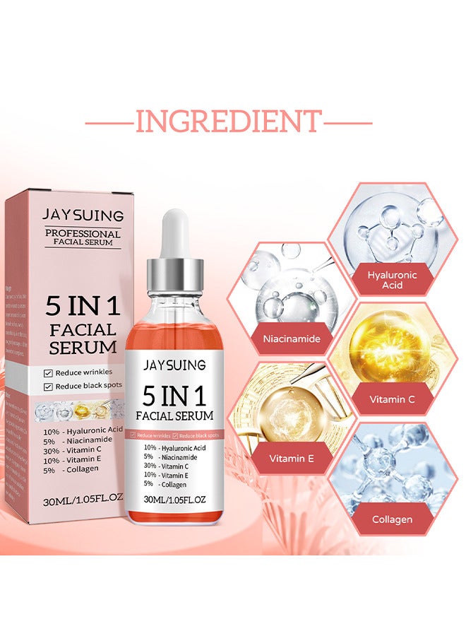 5 In 1 Facial Serum, With Hyaluronic, Acid Niacinamide, Vitarmin C and E, Collagen, For Moisturizing Brightening Face Serum Anti-Aging Facial Serum For Dark Spots, Fine Lines And Wrinkles Smooth Skin