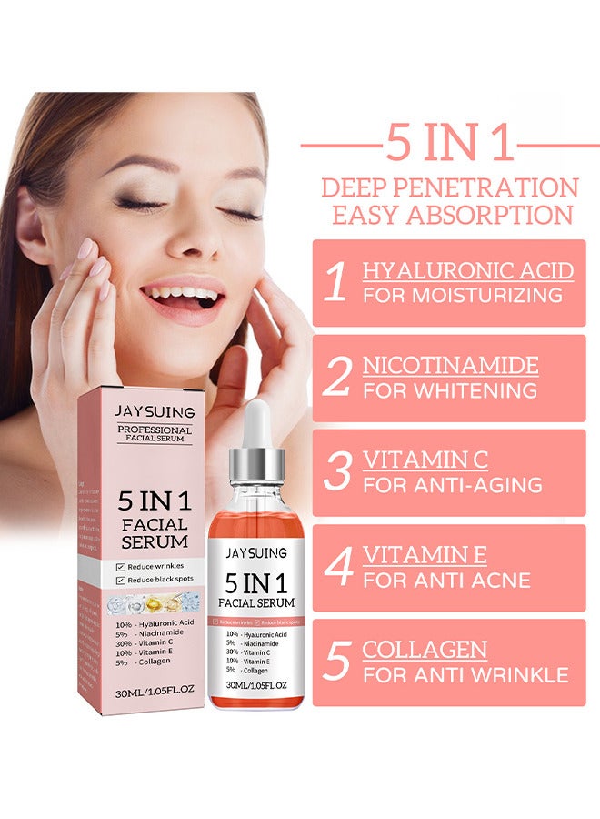 5 In 1 Facial Serum, With Hyaluronic, Acid Niacinamide, Vitarmin C and E, Collagen, For Moisturizing Brightening Face Serum Anti-Aging Facial Serum For Dark Spots, Fine Lines And Wrinkles Smooth Skin