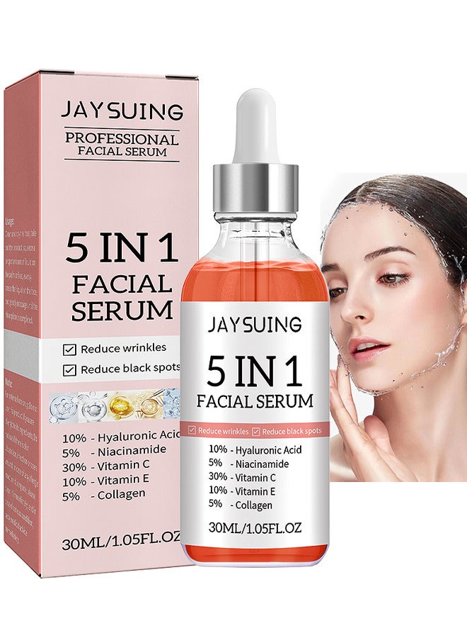 5 In 1 Facial Serum, With Hyaluronic, Acid Niacinamide, Vitarmin C and E, Collagen, For Moisturizing Brightening Face Serum Anti-Aging Facial Serum For Dark Spots, Fine Lines And Wrinkles Smooth Skin