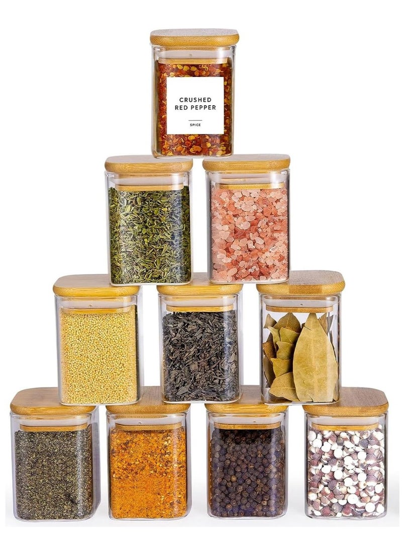 Tycom Glass Jars Set 210ML, Food Cereal Storage Spice Containers for Home Kitchen, Food Storage jars With Labels, Marker and spoons, Square 6 * 8cm 10 Pieces With Wood Lid.