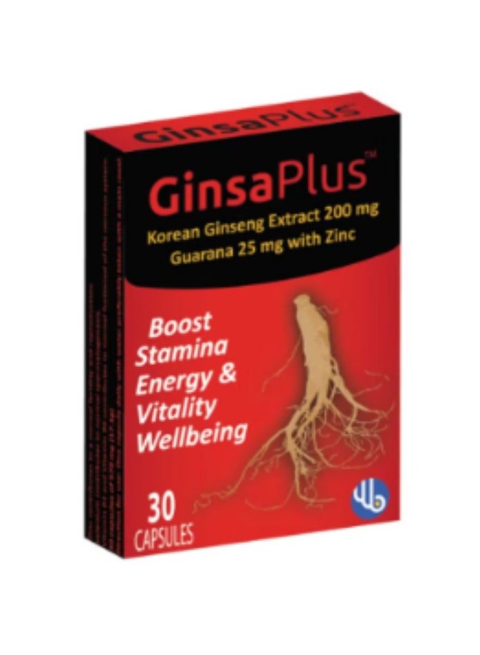 GinsaPlus Korean Ginseng Extract 200mg Guarana 25mg with Zinc 30 Capsules