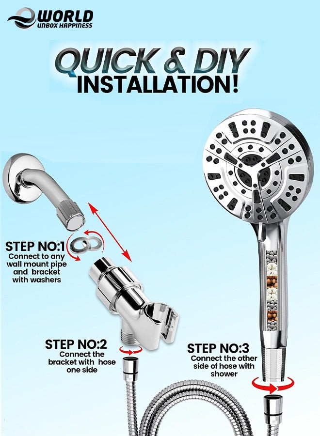 High-Pressure Handheld Shower Head with 8 Spray Settings & 2 Power Jet Modes, Detachable Showerhead Set with Stainless Steel Hose and Adjustable Bracket, Ideal for Soft Skin, and Hair & Cleaning Tub