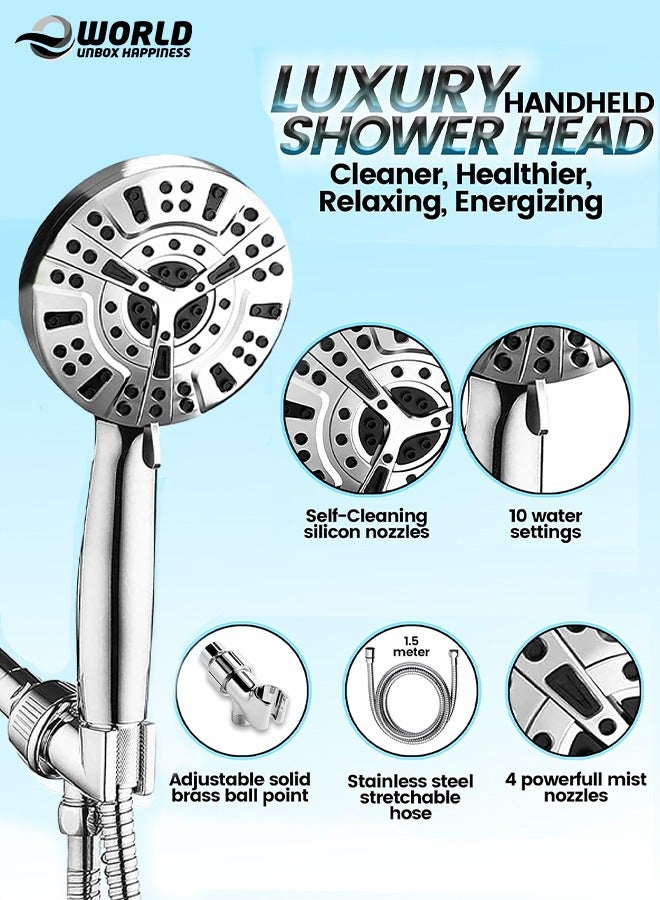 High-Pressure Handheld Shower Head with 8 Spray Settings & 2 Power Jet Modes, Detachable Showerhead Set with Stainless Steel Hose and Adjustable Bracket, Ideal for Soft Skin, and Hair & Cleaning Tub