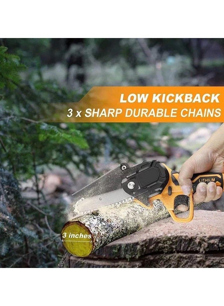 Mini Cordless Chainsaw 21V Double Battery (4 inch wide cutting length) Portable Handheld Dual Rechargeable Battery Powered Chainsaw, One-Handed for Gardening Pruning, Wood Cutting,