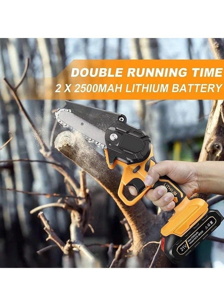 Mini Cordless Chainsaw 21V Double Battery (4 inch wide cutting length) Portable Handheld Dual Rechargeable Battery Powered Chainsaw, One-Handed for Gardening Pruning, Wood Cutting,