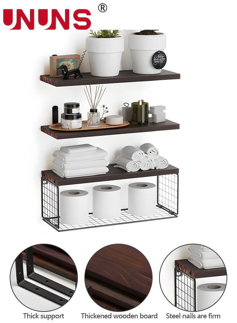 Wall Mounted Floating Shelves,3Pcs Rustic Wood Bathroom Shelves Over Toilet with Paper Storage Basket,Farmhouse Floating Shelf For Wall Decor, Bedroom,Living Room,Kitchen