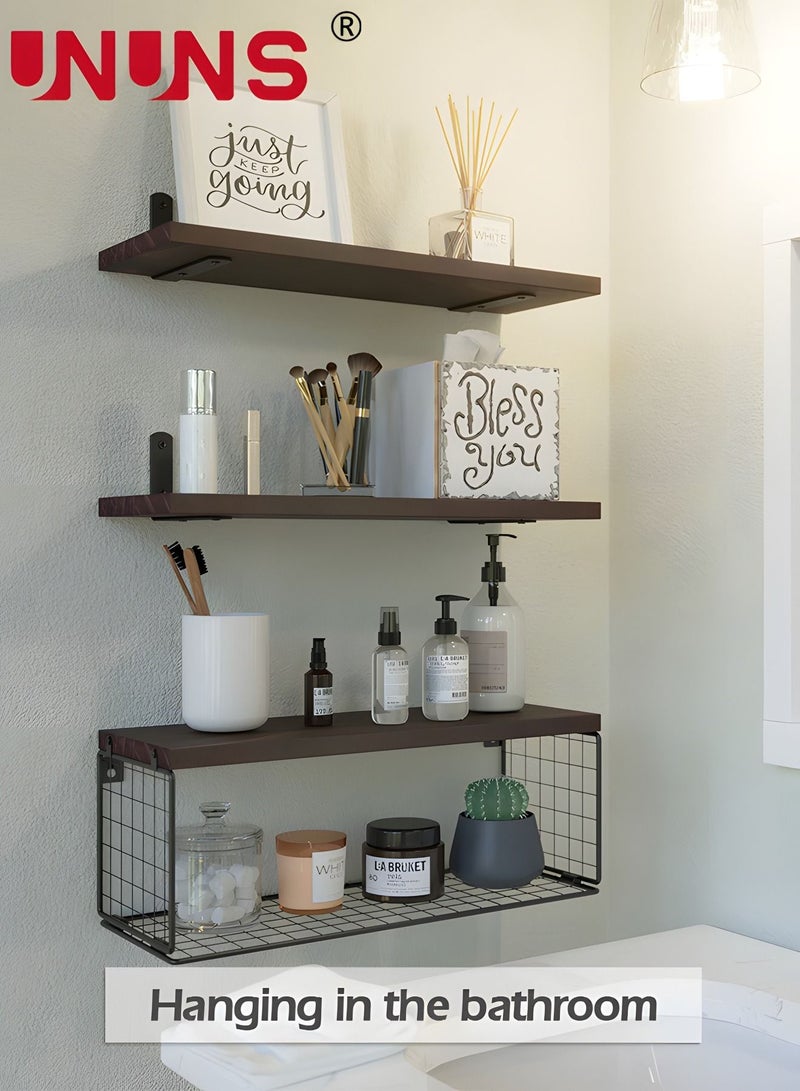 Wall Mounted Floating Shelves,3Pcs Rustic Wood Bathroom Shelves Over Toilet with Paper Storage Basket,Farmhouse Floating Shelf For Wall Decor, Bedroom,Living Room,Kitchen