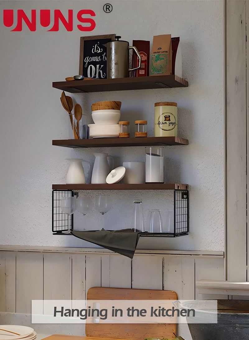 Wall Mounted Floating Shelves,3Pcs Rustic Wood Bathroom Shelves Over Toilet with Paper Storage Basket,Farmhouse Floating Shelf For Wall Decor, Bedroom,Living Room,Kitchen