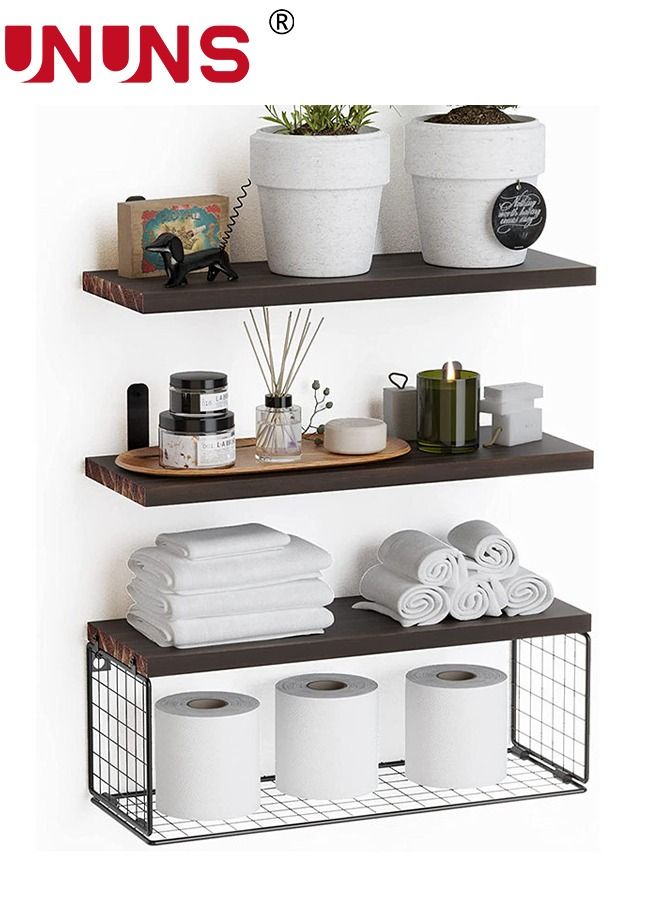 Wall Mounted Floating Shelves,3Pcs Rustic Wood Bathroom Shelves Over Toilet with Paper Storage Basket,Farmhouse Floating Shelf For Wall Decor, Bedroom,Living Room,Kitchen