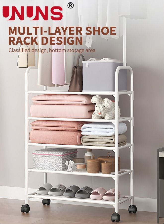 5-Tier Shoe Rack with Coat Rack Hall Tree Lightweight Metal Movable Shoe Rack Organizer Multifunctional Coat Rack Shoe Shelf for Apartment Bedroom Dorm and Entryway