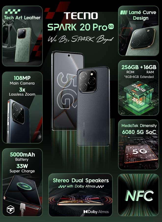 Spark 20 Pro 5G Dual SIM Startrail Black 8GB RAM 256GB - Middle East Version