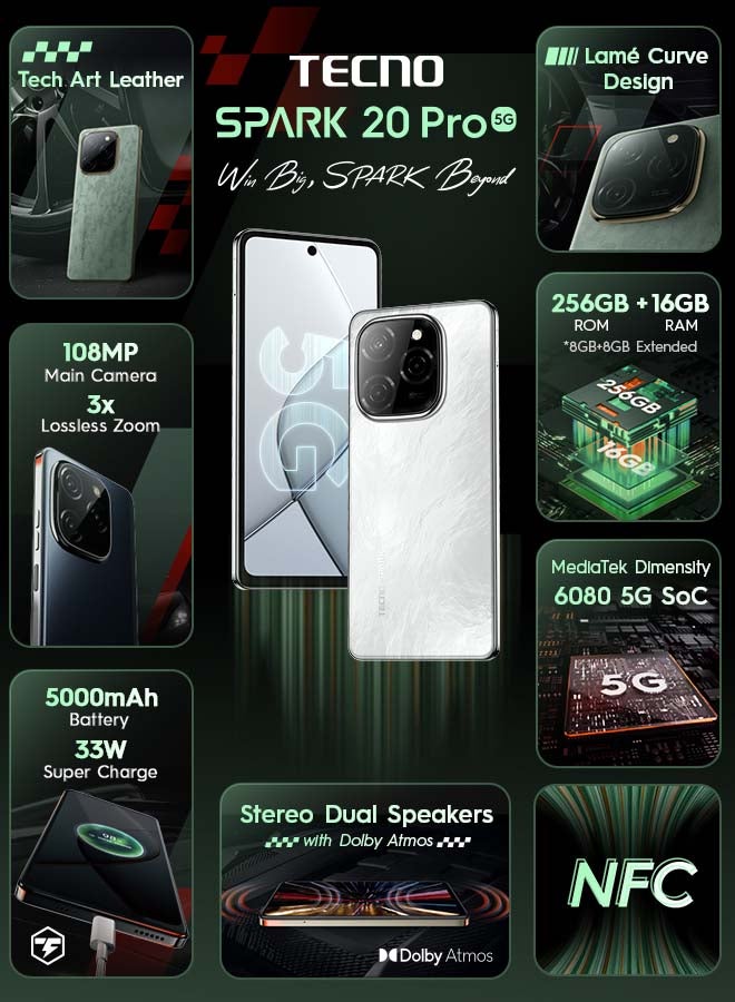 Spark 20 Pro 5G Dual SIM Glossy White 8GB RAM 256GB - Middle East Version