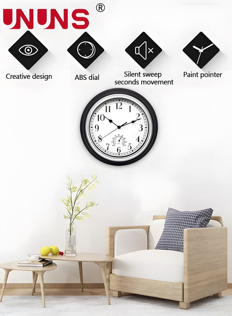 12 Inch Wall Clock with Thermometer, Retro Silent Non-Ticking Waterproof Quartz Clock Wall Decorative for Kitchen Patio,Bathroom,Deck,Porch,Pool