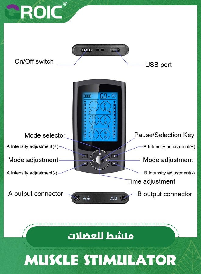TENS Machine,Dual Channel TENS EMS Unit 24 Modes Muscle Stimulator for Pain Relief Therapy, Electronic Pulse Massager Muscle Massager with 10 Pads, Dust-Proof Drawstring Storage Bag