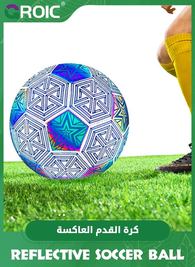 Size 5 Soccer Ball, Holographic Soccer Ball Reflective Soccer Ball, Holographic/Self-Lighting Glowing Reflective Football Indoor Outdoor Night Training Football PU Leather Match Soccer Ball