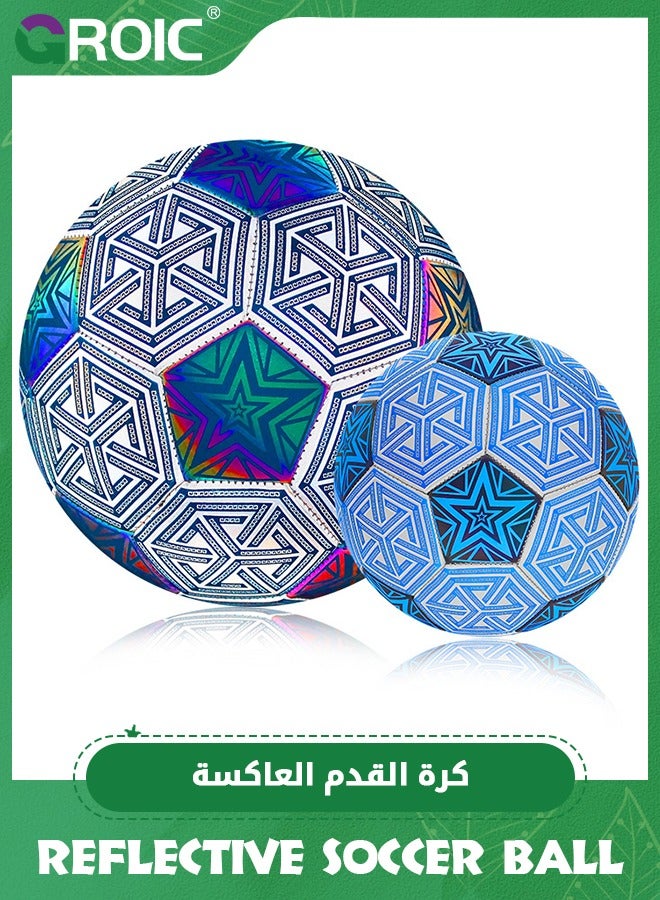 Size 5 Soccer Ball, Holographic Soccer Ball Reflective Soccer Ball, Holographic/Self-Lighting Glowing Reflective Football Indoor Outdoor Night Training Football PU Leather Match Soccer Ball