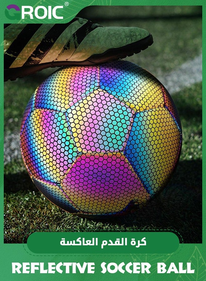 Size 5 Soccer Ball, Holographic Soccer Ball Reflective Soccer Ball, Holographic/Self-Lighting Glowing Reflective Football Indoor Outdoor Night Training Football PU Leather Match Soccer Ball