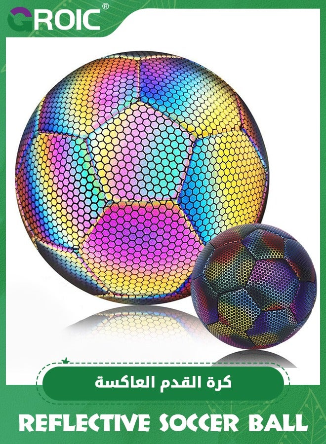 Size 5 Soccer Ball, Holographic Soccer Ball Reflective Soccer Ball, Holographic/Self-Lighting Glowing Reflective Football Indoor Outdoor Night Training Football PU Leather Match Soccer Ball